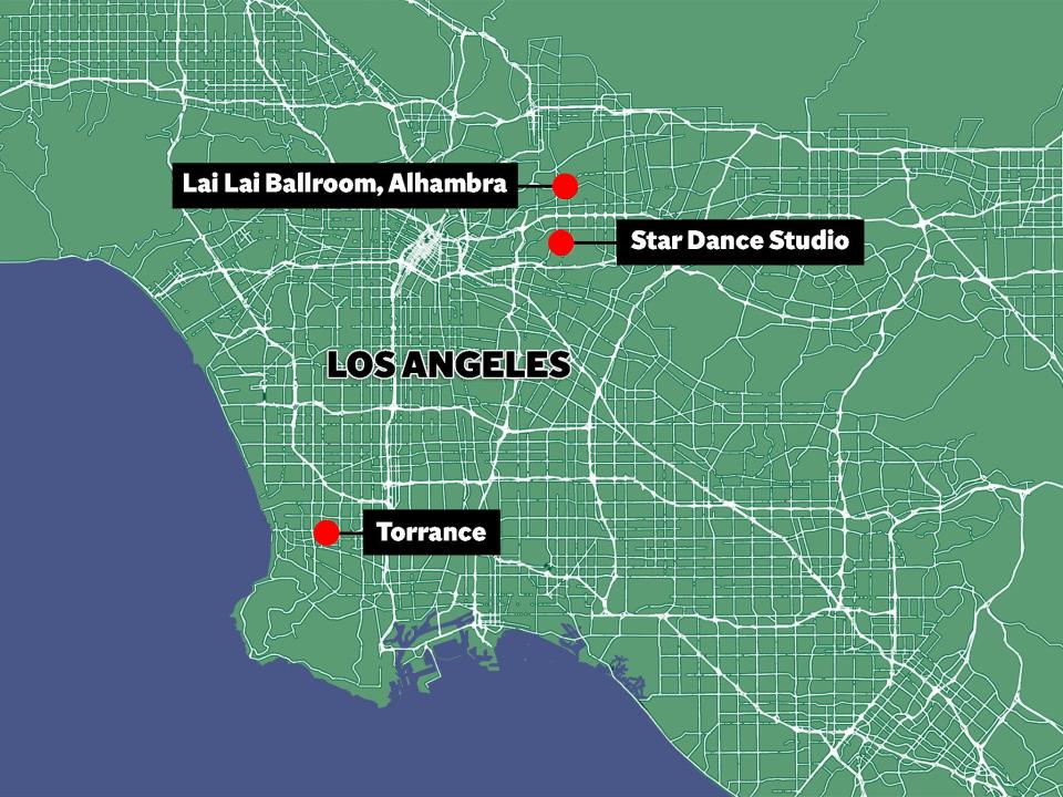 Map showing locations of Star Dance Studio, where gunman Huu Can Tran shot dead 10 people; the Lai Lai Ballroom, where he was disarmed by members of the public; and Torrance, where his van was stopped by police (Datawrapper)