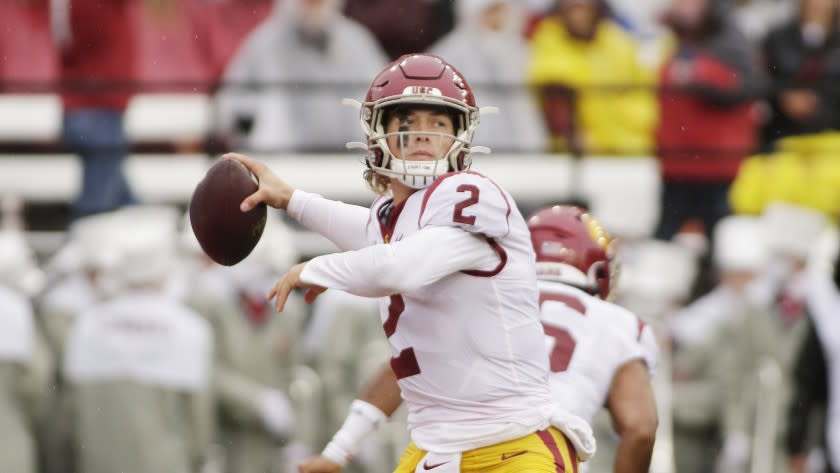 Southern California quarterback Jaxson Dart throws a pass during the first half of an NCAA college football.