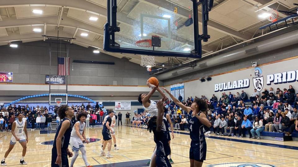 Bullard’s Kyshawn Johnson goes up for a shot against Clovis East during the Central Section Division I quarterfinal game on Thursday, Feb. 15, 2024.