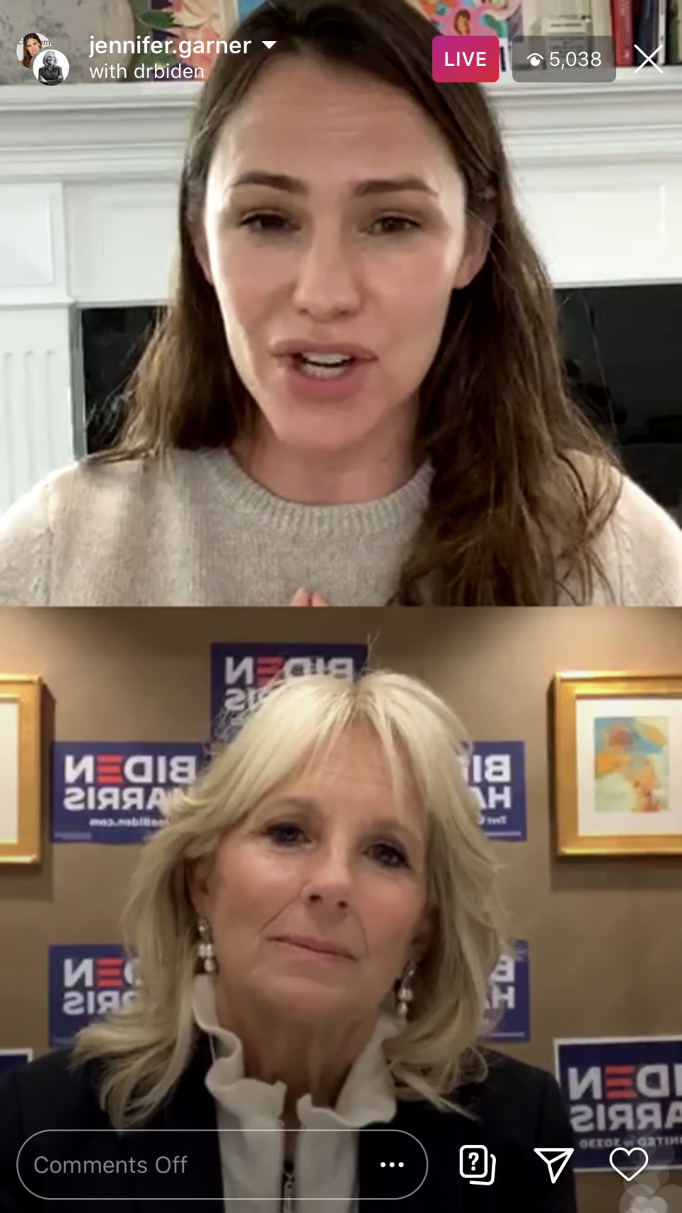 Jennifer Garner met with Dr. Jill Biden over Instagram Live to discuss the presidential election. (Photo: Instagram)