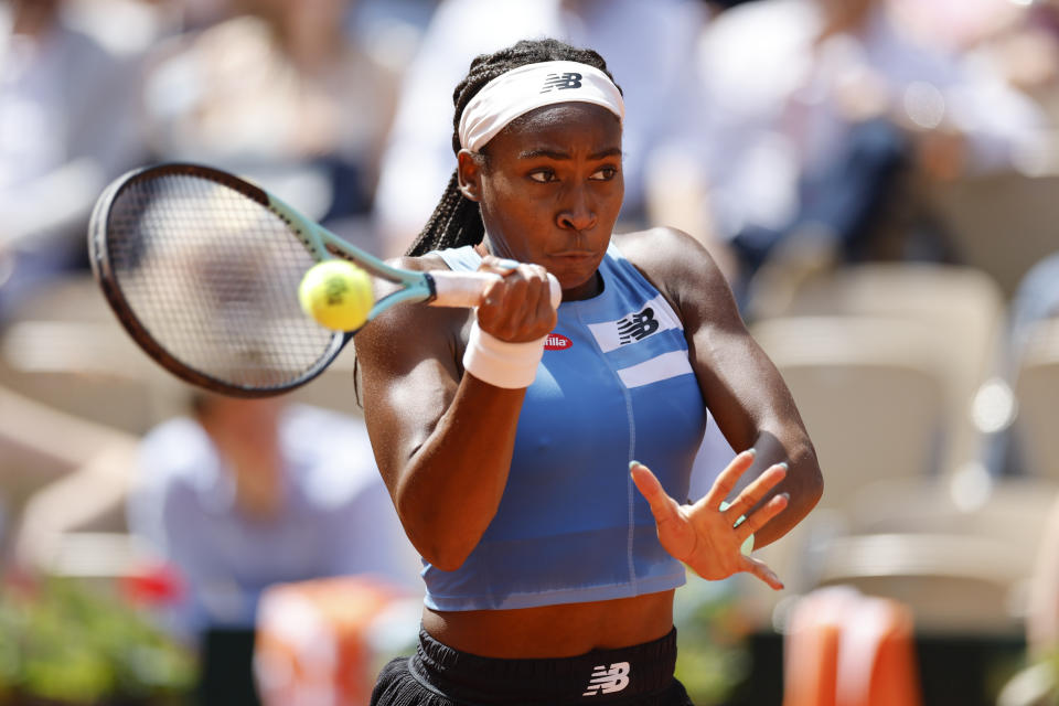 Coco Gauff of the U.S. plays a shot against Spain's Rebeka Masarova during their first round match of the French Open tennis tournament at the Roland Garros stadium in Paris, Tuesday, May 30, 2023. (AP Photo/Jean-Francois Badias)