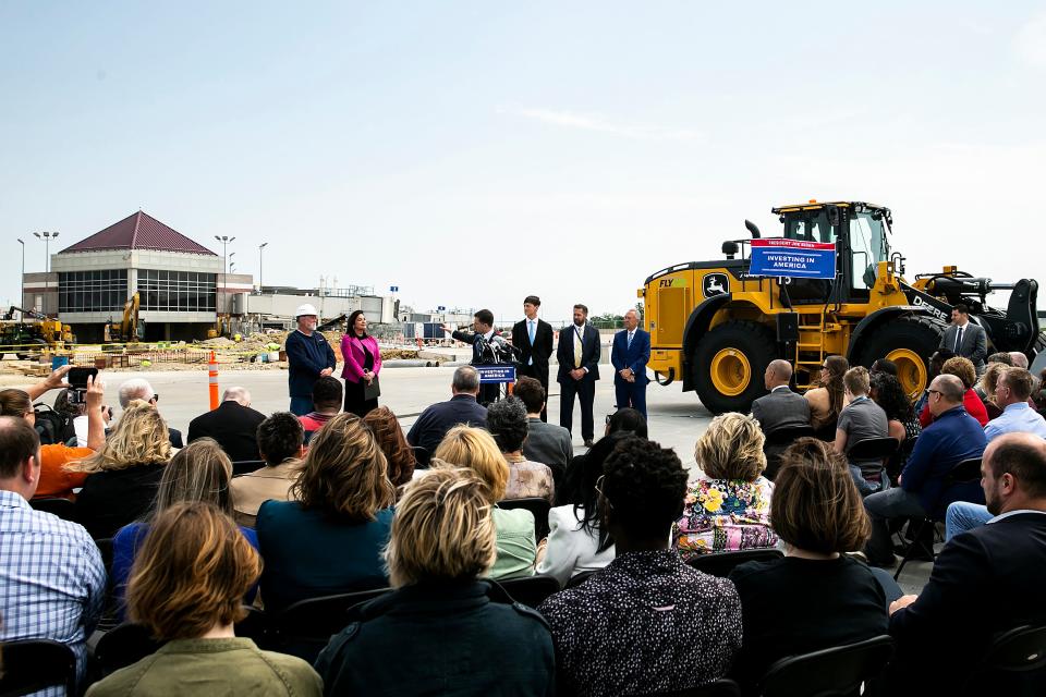 Transportation Secretary Pete Buttigieg speaks during a news conference for a $20 million construction project grant from the Bipartisan Infrastructure Law, Thursday, May 25 at the Eastern Iowa Airport (CID) in Cedar Rapids.