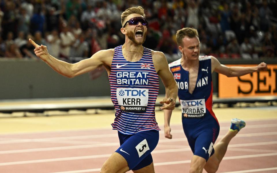 Britain's Josh Kerr celebrates - Britain's Josh Kerr shocks Jakob Ingebrigtsen to claim gold in the 1500 meters at World Championships