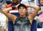 Sept 9, 2017; New York, NY, USA; Madison Keys of the USA after losing a second set game to Sloan Stephens of the USA in the Women's Final in Ashe Stadium at the USTA Billie Jean King National Tennis Center. Mandatory Credit: Robert Deutsch-USA TODAY Sports