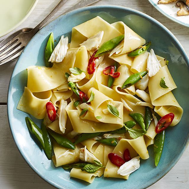 Pappardelle with Crab, Snap Peas, Orange, and Chiles