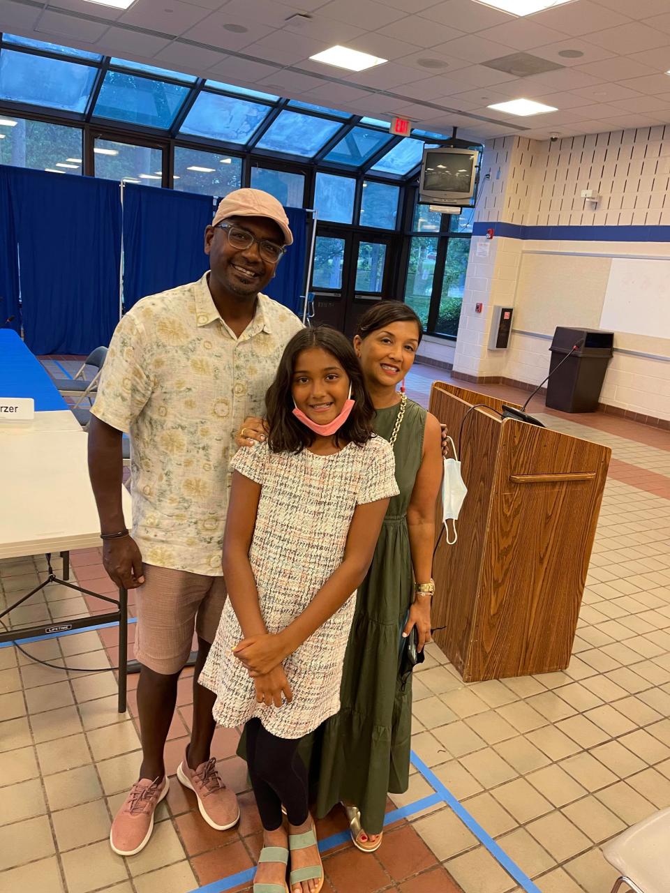 Laila Khan with her parents Saiful Khan and Neha Shah at a June, 2021 Montclair Board of Education meeting. She aksed the BOE to make the Muslim holiday Eid al-Fitr a school holiday.