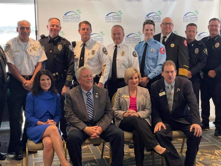 Local dignitaries gather for a group photo at the Port Orange South Daytona Chamber of Commerce's annual Mayors' Breakfast event at The Shores Resort & Spa in Daytona Beach Shores on Feb. 15, 2024. Bottom row from left: Ponce Inlet Mayor Lois Paritsky, South Daytona Mayor William C. Hall, Daytona Beach Shores Mayor Nancy Miller, Port Orange Mayor Don Burnette. Top row from left: Volusia County Sheriff Mike Chitwood, South Daytona Police Chief Mark Cheatham, Ponce Inlet Police Chief Jaff Glazier, Ponce Inlet Police Lt. Corey Mead, South Daytona Fire Chief John Brant, Daytona Beach Shores Public Safety Officer Conrad Kerins, Daytona Beach Shores Public Safety Director Michael Fowler.