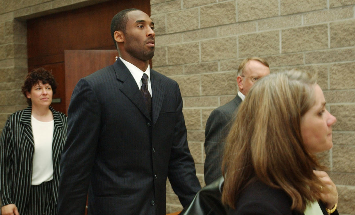 Kobe Bryant leaves the Eagle County (Colorado) Justice Center in 2004 at the conclusion of a pretrial hearing in his sexual assault case. (AP)