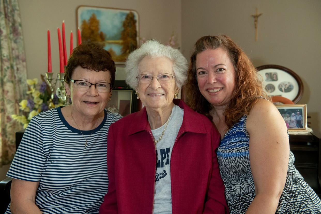 Randolph native Audrey Smith, pictured with daughter Dorothy Smith Wise (left) and granddaughter Lisa Baker, is celebrating her 100th birthday on Sunday.