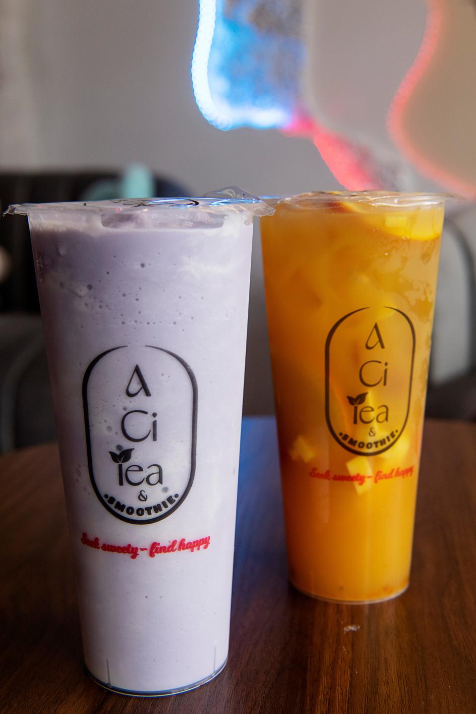 A Taro Snow, left, and Hawaii Fruit Tea from A Ci Tea in Asheville.