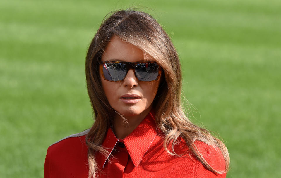 First Lady Melanie Trump walks from Marine One upon arrival on the South Lawn of the White House in Washington, DC, September 10, 2017, after spending the weekend at Camp David, the Presidential retreat in Maryland. (Photo by Olivier Douliery)