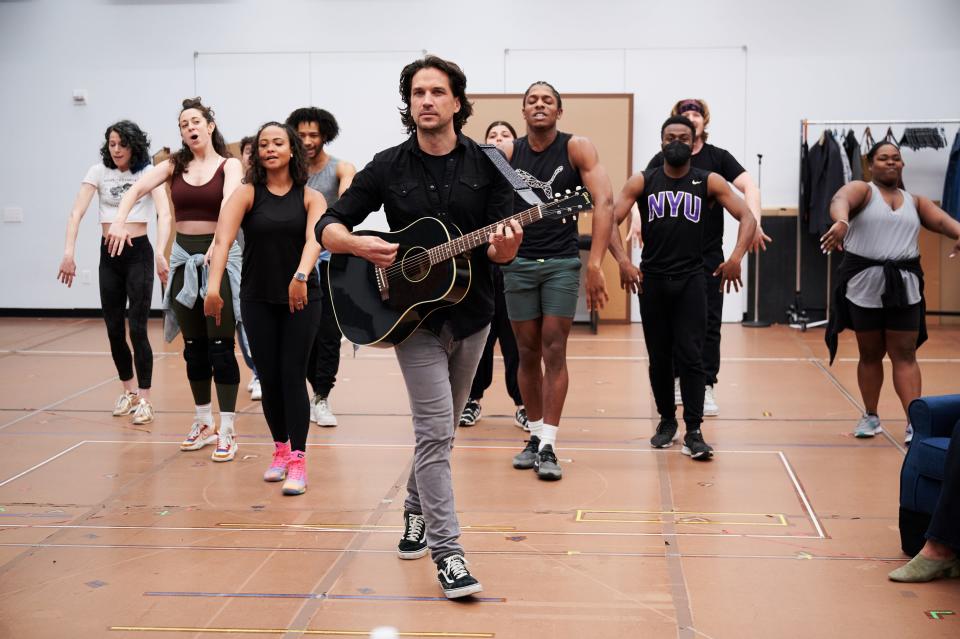 Will Swenson rehearses a scene with the cast of “A Beautiful Noise,” June 1, 2022, at Open Jar Studios in New York City. The musical about Neil Diamond’s life premieres in Boston on June 21 before heading to Broadway.