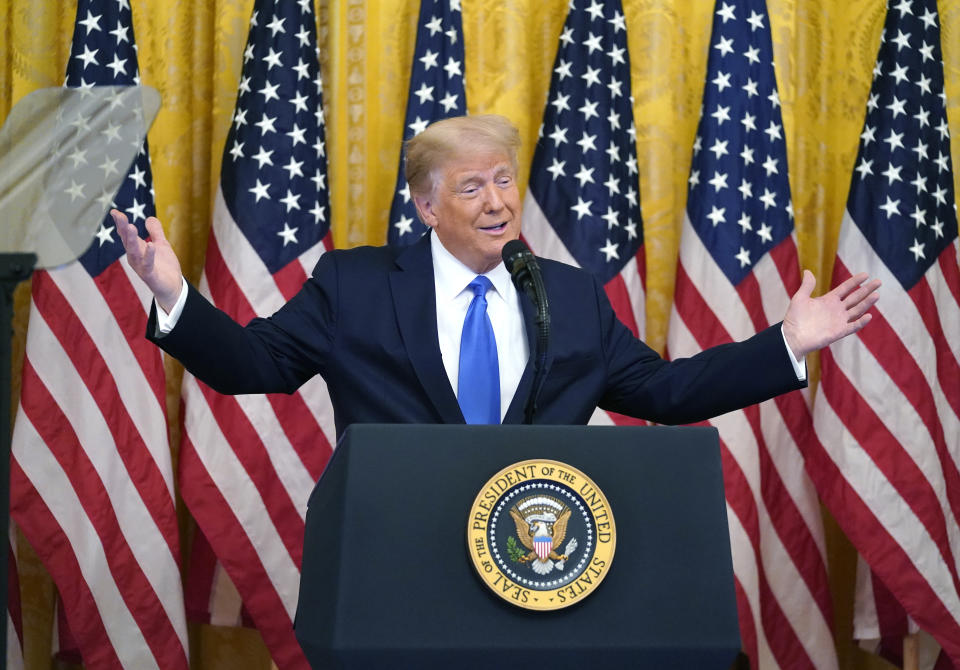 President Donald Trump speaks during an event to honor Bay of Pigs veterans, in the East Room of the White House, Wednesday, Sept. 23, 2020, in Washington. (AP Photo/Evan Vucci)