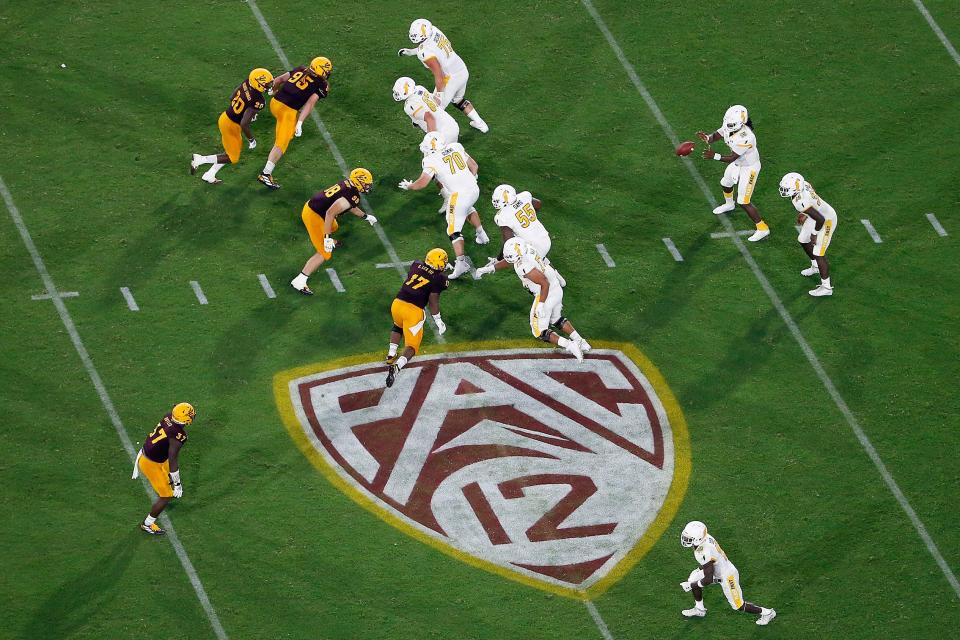 The Pac-12 logo is shown during the second half of an NCAA college football game between Arizona State and Kent State, in Tempe, Ariz. on Aug. 29, 2019.