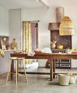 <p> If the kitchen ideas you are putting in your scrapbook – virtual or otherwise – are bursting with pattern and color, then your next option might be kitchen curtain ideas. Just as with wallpaper, the fabrics you choose must be able to withstand moisture from cooking, and splashes and sticky fingers, too, if you have young children.  </p> <p> And it may be that you want to limit to curtain fabrics to a doorway, as in the kitchen above, choosing blinds for more practical window treatment ideas. 'One simple curtain treatment can make a kitchen feel cozier, more welcoming and colorful,' says Jennifer Ebert, <em>Homes & Gardens</em>' Digital Editor. 'Fabrics can also help with acoustics, which is often a problem in kitchens.' </p>