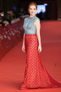 <p>Jessica Chastain looks gorgeous on <em>The Eyes of Tammy Faye</em> red carpet at the Rome Film Festival on Oct. 14.</p>