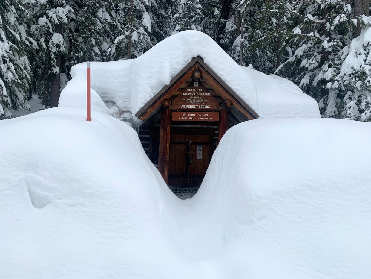 Gold Lake Snow Shelter at Willamette Pass was nearly consumed by snow on March 6, following recent heavy dumps of snow.