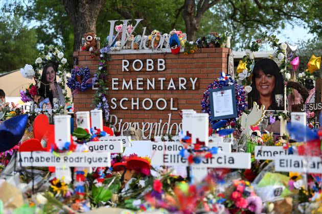 Flowers, messages, balloons, stuffed animals, toys and other items are seen left by mourners commemorating the students and teachers of the Robb Elementary School mass shooting in Uvalde, Texas. (Photo: The Washington Post via Getty Images)