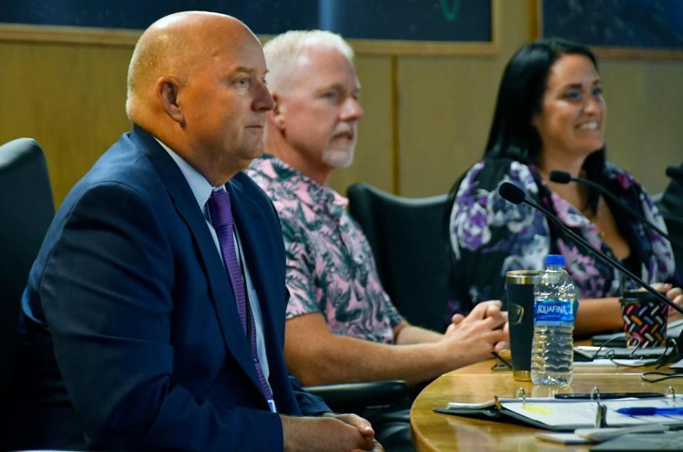 Superintendent Mark Rendell, left, is pictured at the Aug. 22 Brevard school board meeting in Viera.