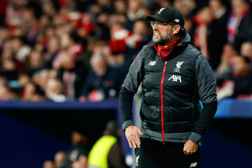 MADRID, SPAIN - FEBRUARY 18: (BILD ZEITUNG OUT) head coach Juergen Klopp of FC Liverpool gestures during the UEFA Champions League round of 16 first leg match between Atletico Madrid and Liverpool FC at Wanda Metropolitano on February 18, 2020 in Madrid, Spain. (Photo by Roland Krivec/DeFodi Images via Getty Images)