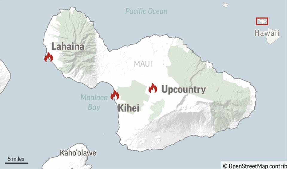 This graphic shows the location of fires on the island of Maui, Hawaii (AP)