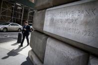 The corner stone of The New York Federal Reserve Bank is seen in New York's financial district March 25, 2015. REUTERS/Brendan McDermid