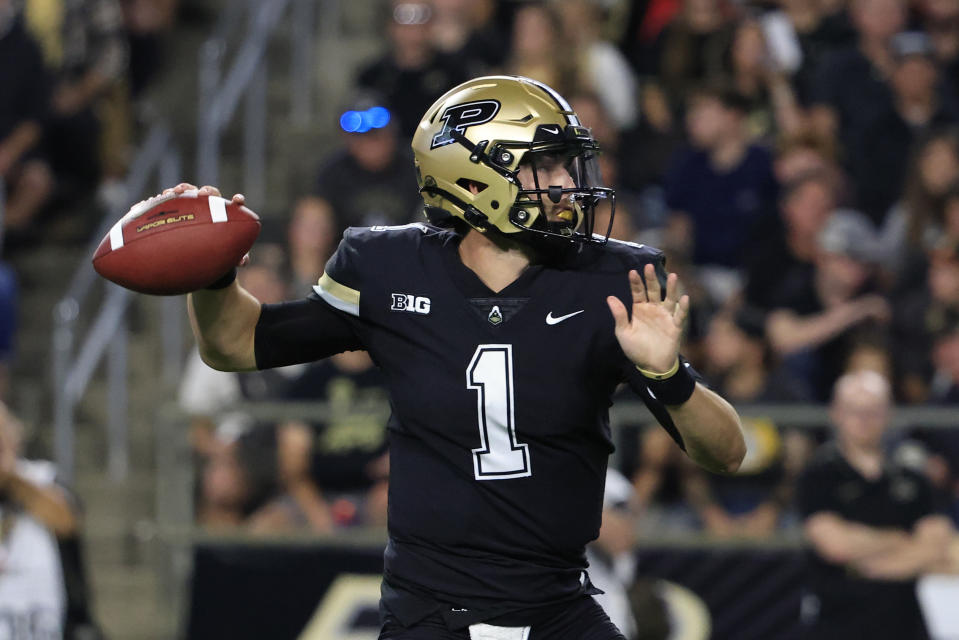 Hudson Card #1 of the Purdue Boilermakers throws the ball during the first half of the game against the Wisconsin Badgers at Ross-Ade Stadium on Sept. 22, 2023 in West Lafayette, Indiana. Justin Casterline/Getty Images