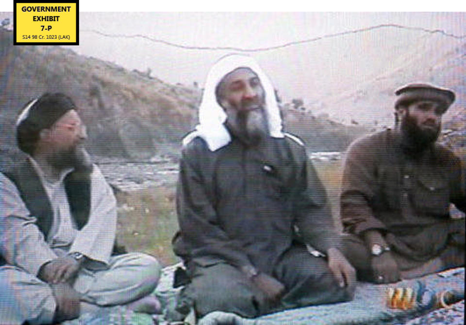 In this undated Photo provided by the United States Attorney’s Office for the Southern District of New York, defendant Suliman Abu Ghayth, right, is seated with al-Qaida founder Osama Bin Laden, center, and Bin Laden’s deputy, Ayman al Zawahiri, in Afghanistan. Suliman Abu Ghayth, is being tried in New York, charged with plotting to kill Americans by being a motivational speaker at al-Qaida training camps before the Sept. 11 attacks and as a spokesman for the terror group afterward when it sought to recruit more militants to its cause. (AP Photo/US Attorney’s Office for the Southern District of New York)
