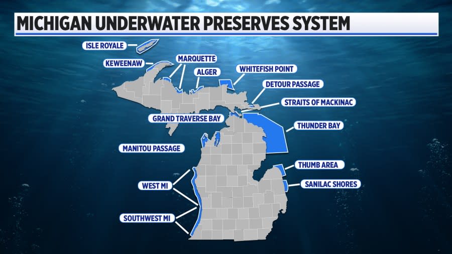 A map of Michigan’s Underwater Preserves System.