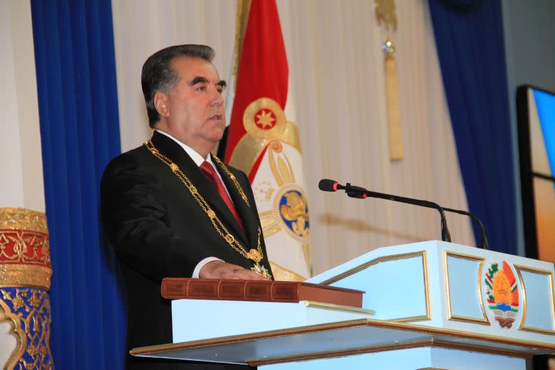 FILE PHOTO: Tajikistan's President Rakhmon takes oath during his inauguration ceremony in Dushanbe