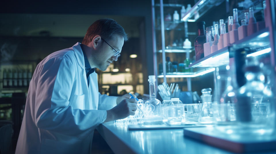 A pharmacist working on synthesizing hormones and steroids in a sterile environment.