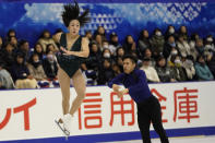 Sui Wenjing and Han Cong of China perform in the pairs free skating program during the ISU Grand Prix of Figure Skating in Sapporo, northern Japan, Saturday, Nov. 23, 2019. (AP Photo/Toru Hanai)