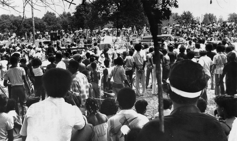 Black festival, etc. at Chickasaw Park. June 21, 1980. Photo by Robert SteinauGospel singing, jazz and disco bands, weight lifting, and a fashion show attracted a crowd to the bandstand at Chickasaw Park during yesterday's festival to honor Black heritage.