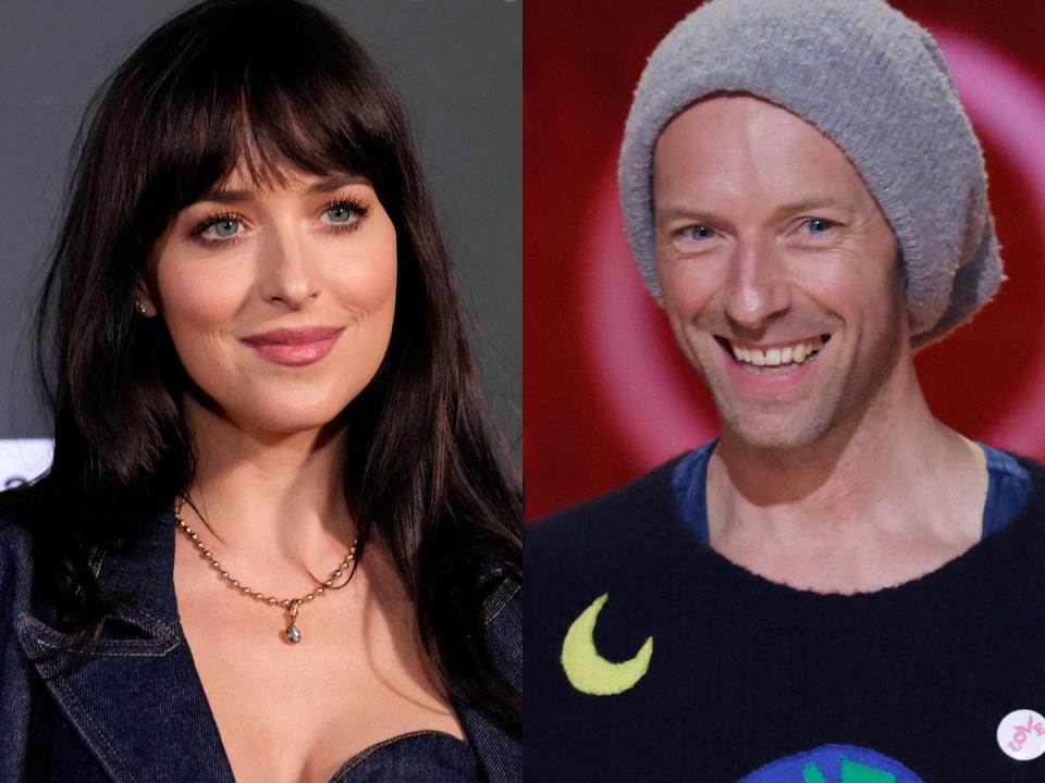 Dakota Johnson, left at the Sundance Film Festival in January 2023. Chris Martin, right, at the 2023 Grammys