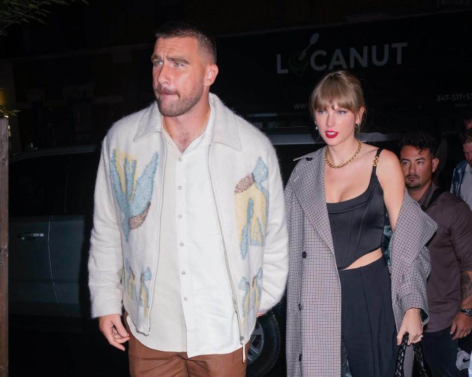 new york, new york october 15 travis kelce and taylor swift arrive at snl afterparty on october 15, 2023 in new york city photo by gothamgc images