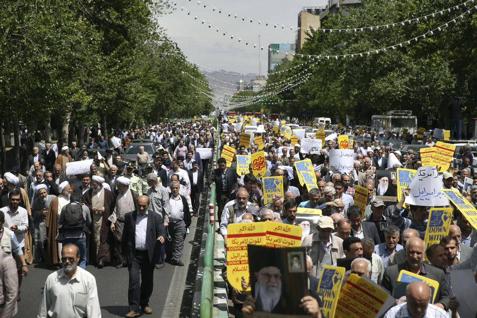 Worshippers chant slogans against the United States and Israel during a rally after Friday prayers in Tehran, Iran, Friday, May 10, 2019. A top commander in Iran's powerful Revolutionary Guard said Friday that Tehran will not talk with the United States, an Iranian news agency reported — a day after President Donald Trump said he'd like Iranian leaders to "call me." (AP Photo/Ebrahim Noroozi)