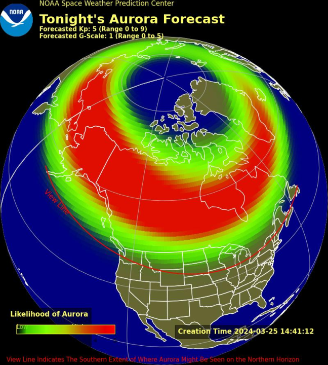 The aurora forecast for Monday, March 25, 2024. (NOAA SWPC)