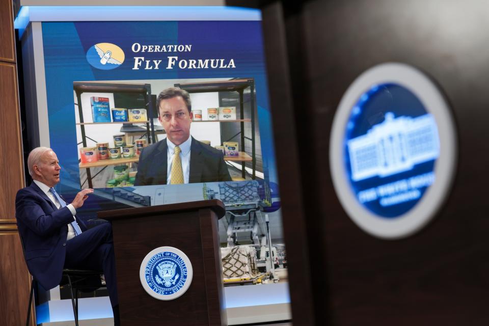 President Joe Biden speaks with Robert Cleveland, senior vice president of Reckitt, during a virtual meeting with baby formula manufacturers at the Eisenhower Executive Office Building on June 1 in Washington.