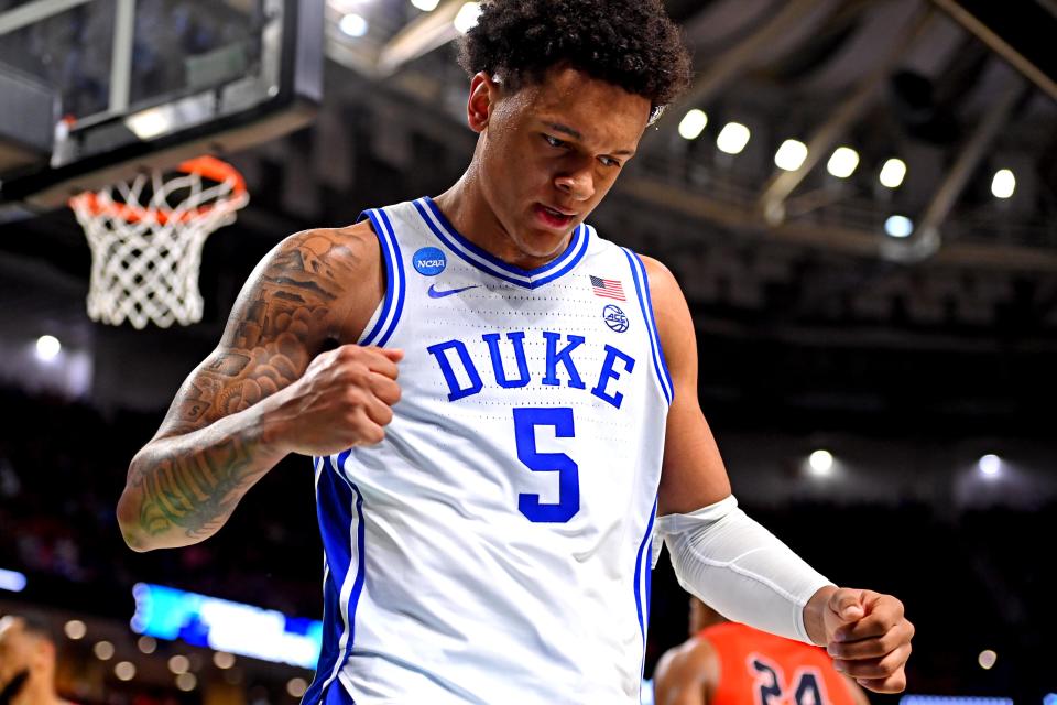 Duke Blue Devils forward Paolo Banchero (5) reacts during the second half against the Cal State Fullerton Titans during the first round of the 2022 NCAA Tournament at Bon Secours Wellness Arena.