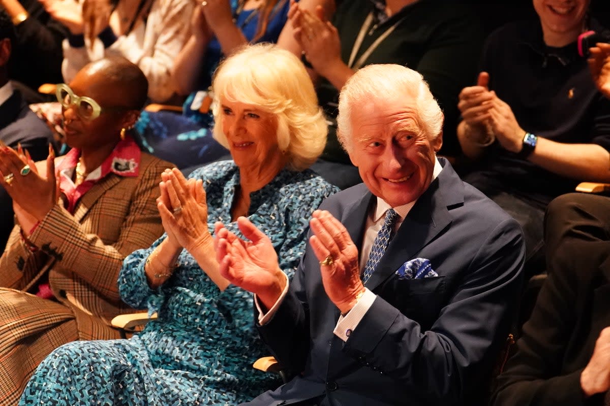 King Charles III, Patron of the Royal Academy of Dramatic Art (RADA), and Queen Camilla,  (Jordan Pettitt/PA Wire)