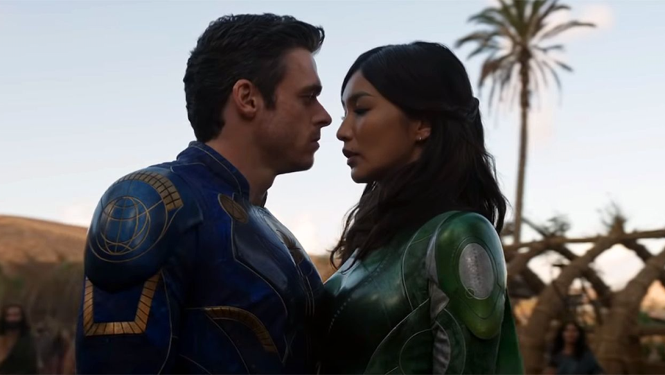 Richard Madden and Gemma Chan get close to kissing in Eternals.