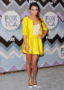 Lea Michele looked bright and sunny in a Lisa Ho outfit, which consisted of a shiny yellow collar-less blazer and pleated mini-skirt, along with a semi-sheer white top. She paired the ensemble with black and white Christian Louboutin pointed-toe pumps and Jennifer Meyer jewelry. Her loose side-braid is on trend, and her light make-up looked fresh for the 2013 Winter TCA FOX All-Star Party at The Langham Huntington Hotel and Spa on January 8, 2013 in Pasadena, California.