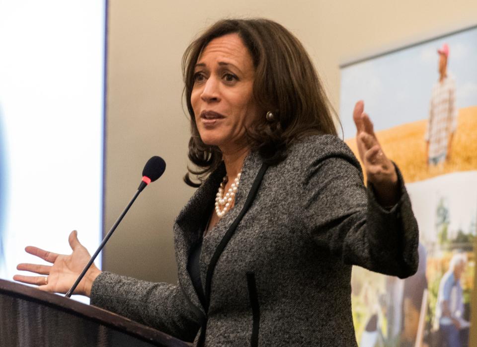 U.S. Senator Kamala Harris speaks at the San Joaquin Valley Leadership Conference held at the University Plaza Waterfront Hotel in downtown Stockton. [CLIFFORD OTO/THE RECORD]