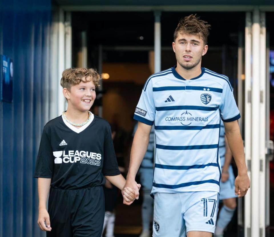 Sporting Kansas City midfielder Jake Davis (17) takes the pitch prior to a match against Toluca at Children’s Mercy Park on August 4, 2023. Jay Biggerstaff/USA TODAY Sports