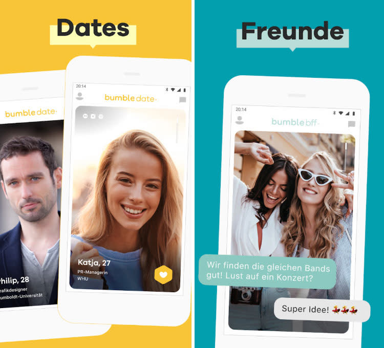 Neben der klassischen Dating-Funktion bietet "Bumble" ab sofort auch die BFF-Funktion an. (Bilder: Google Play)