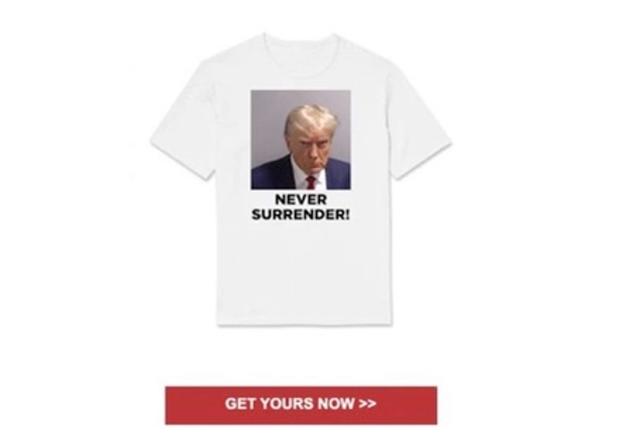 Trump cashes in on historic mug shot with 'never surrender' merch