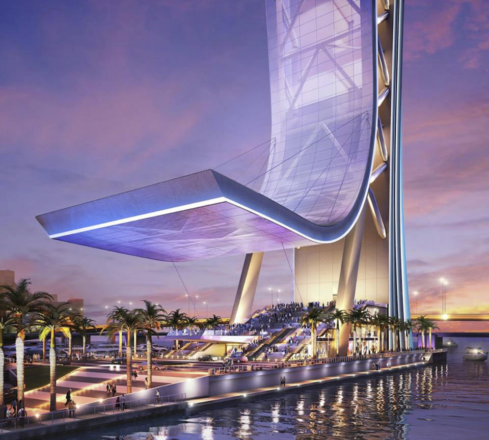 The SkyRise Miami tower is pictured in this artist's rendering courtesy of Berkowitz Development Group, Inc., received by Reuters on November 21, 2013. Jeff Berkowitz plans to raise $300 million to $400 million, partly from Chinese investors, to build the curvaceous 1,000-foot (305-meter) tall SkyRise Miami tower on the water that would feature fine dining, as well as a bungee jump platform, and a vertical "drop ride" that would send thrill-seekers plummeting 50 stories. REUTERS/Berkowitz Development Group, Inc./Handout via Reuters (UNITED STATES - Tags: REAL ESTATE BUSINESS) ATTENTION EDITORS - THIS IMAGE HAS BEEN SUPPLIED BY A THIRD PARTY. IT IS DISTRIBUTED, EXACTLY AS RECEIVED BY REUTERS, AS A SERVICE TO CLIENTS. NO SALES. NO ARCHIVES. FOR EDITORIAL USE ONLY. NOT FOR SALE FOR MARKETING OR ADVERTISING CAMPAIGNS