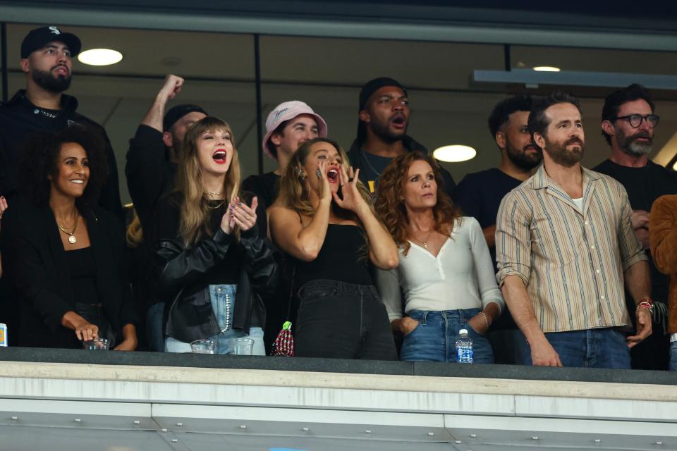 Swift, Blake Lively, Ryan Reynolds, and Hugh Jackman in the stands during the New York Jets and the Kansas City Chiefs game on October 1, 2023 in East Rutherford, New Jersey
