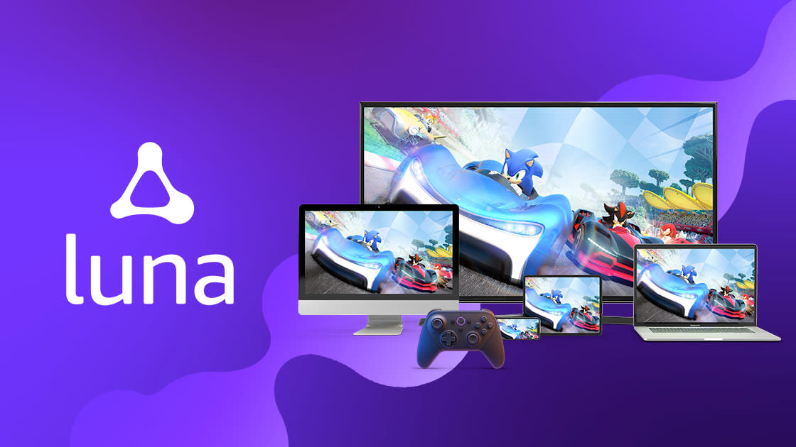  Amazon Luna logo with Sonic racing on multiple screens next to it 