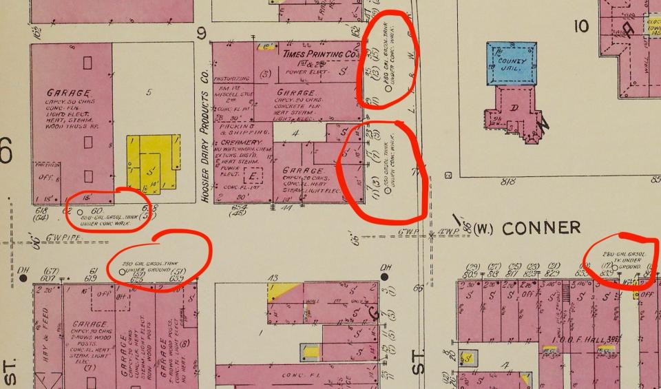 Map of undeground downtown Noblesville by the Sanborn Fire Insurance company shows where gas tanks were buried in the 1920s.